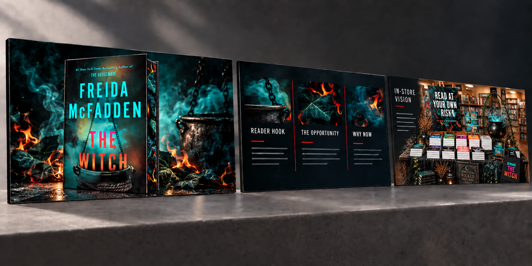Illustrative retailer presentation and display concept featuring The Witch by Freida McFadden