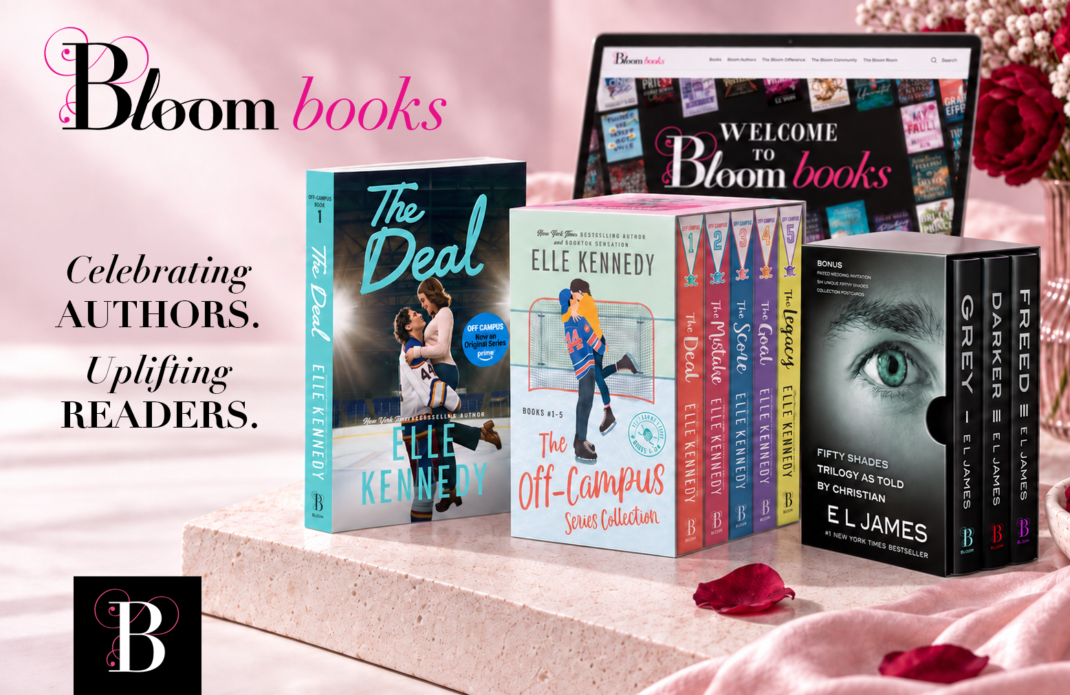 Bloom Books identity with real Elle Kennedy and E. L. James editions and the Bloom website
