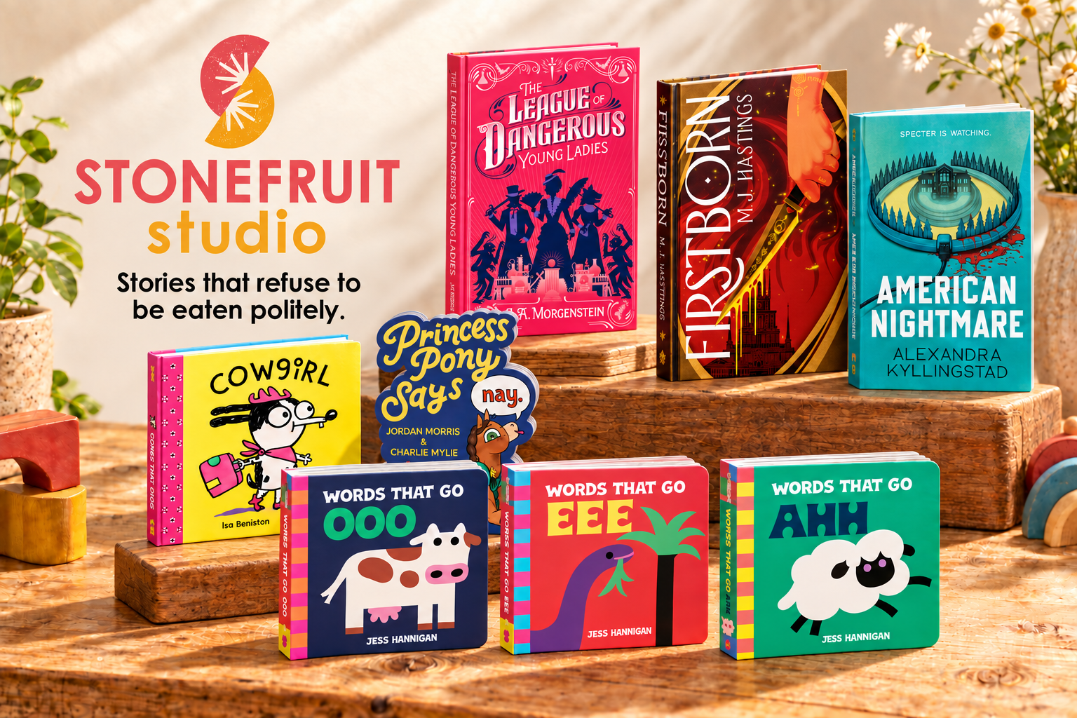 Stonefruit Studio identity with eight books spanning board books and fiction, including Firstborn, American Nightmare, and The League of Dangerous Young Ladies