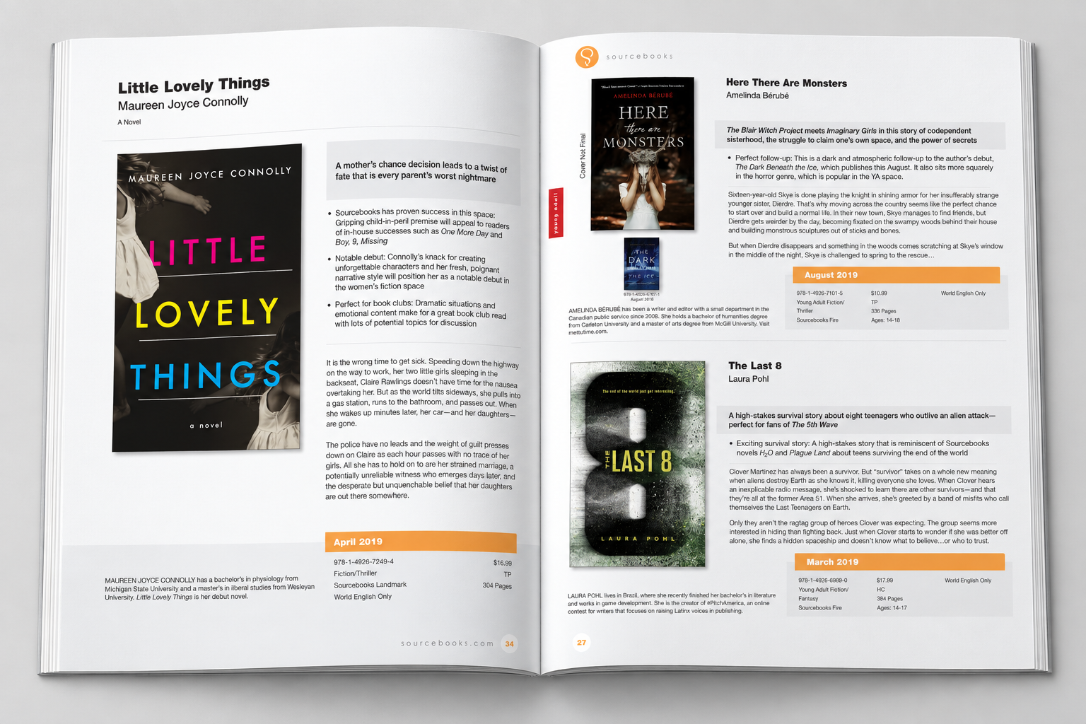 Open catalog showing a fiction and young adult publishing spread