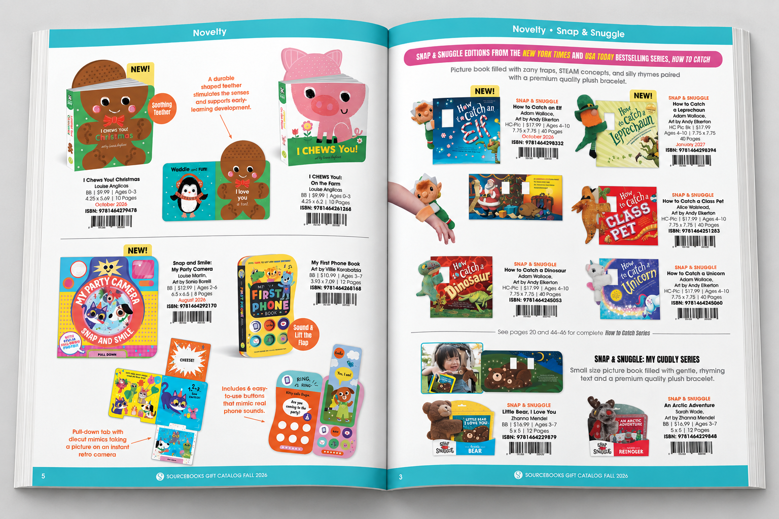 Open catalog showing a colorful novelty and children's publishing spread