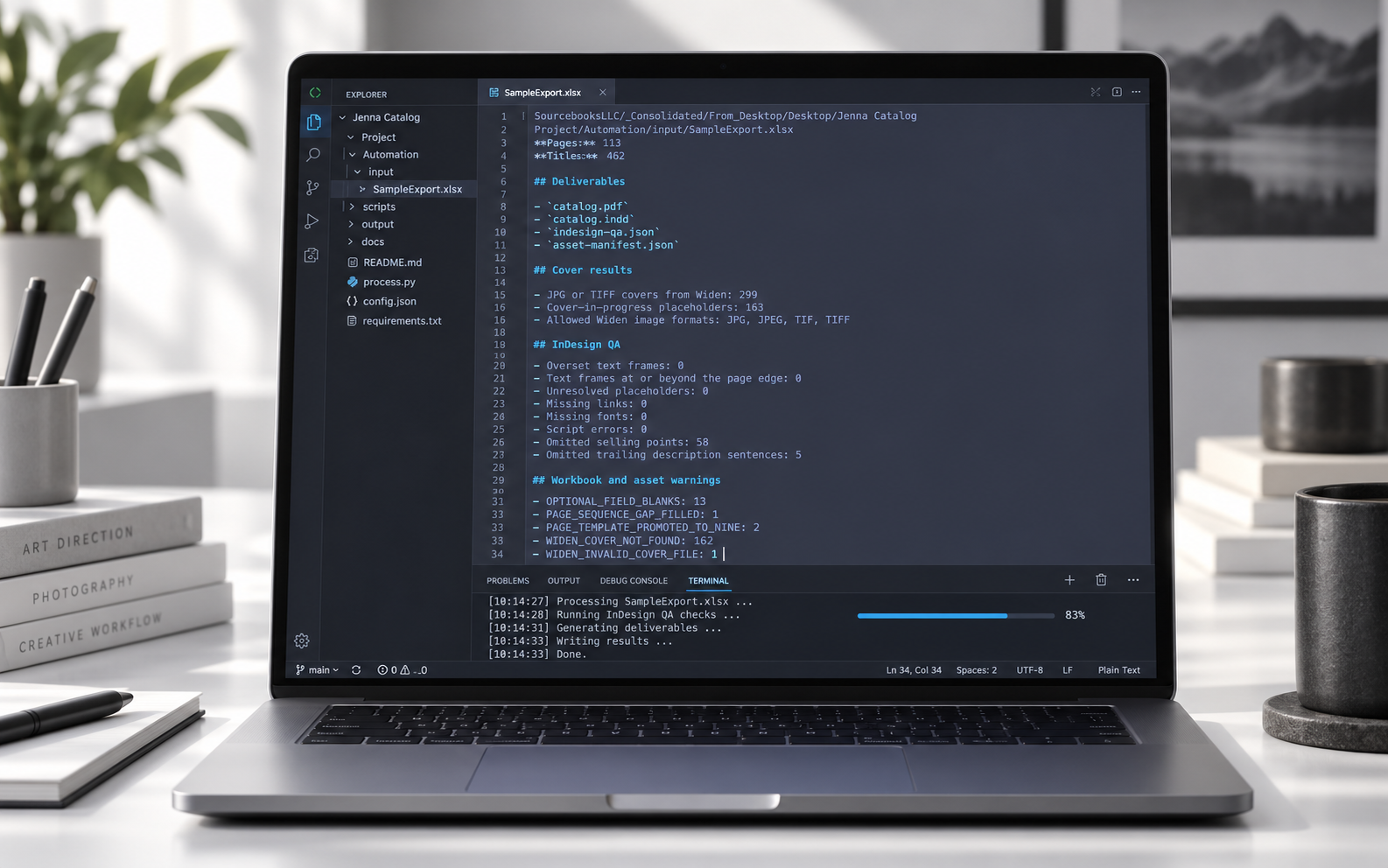Catalog automation and quality assurance workflow running in a code editor