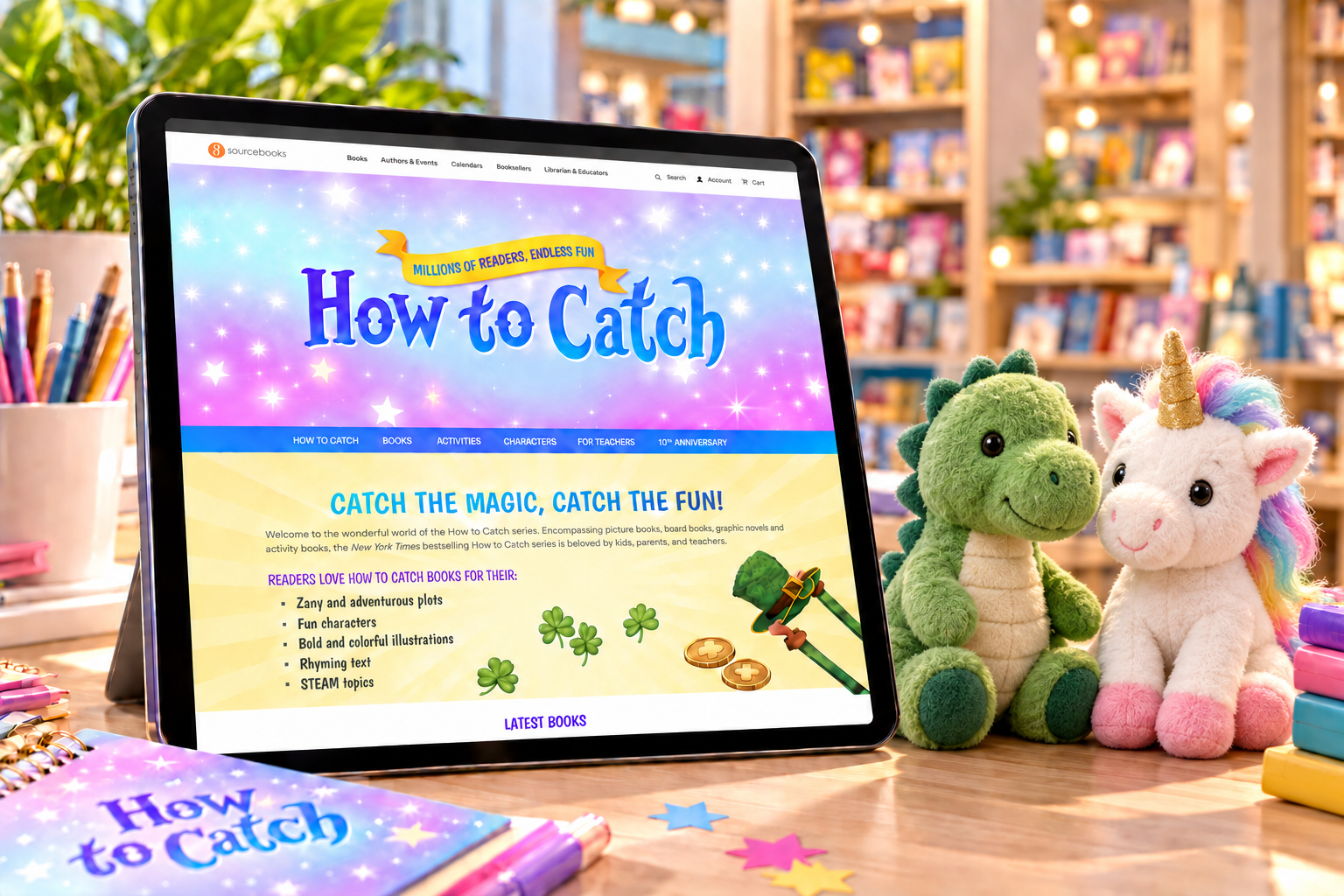 Illustrative mockup of the How to Catch website on a tablet beside green dinosaur and unicorn plush toys, with animated characters entering its hero