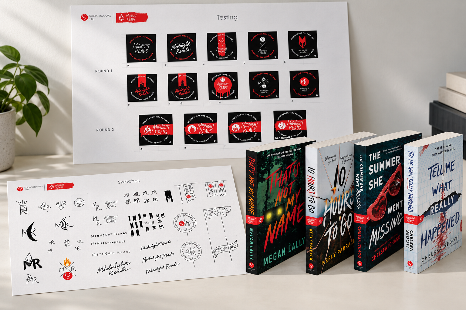 Presentation mockup showing Midnight Reads initial sketches, testing rounds, and final branded books