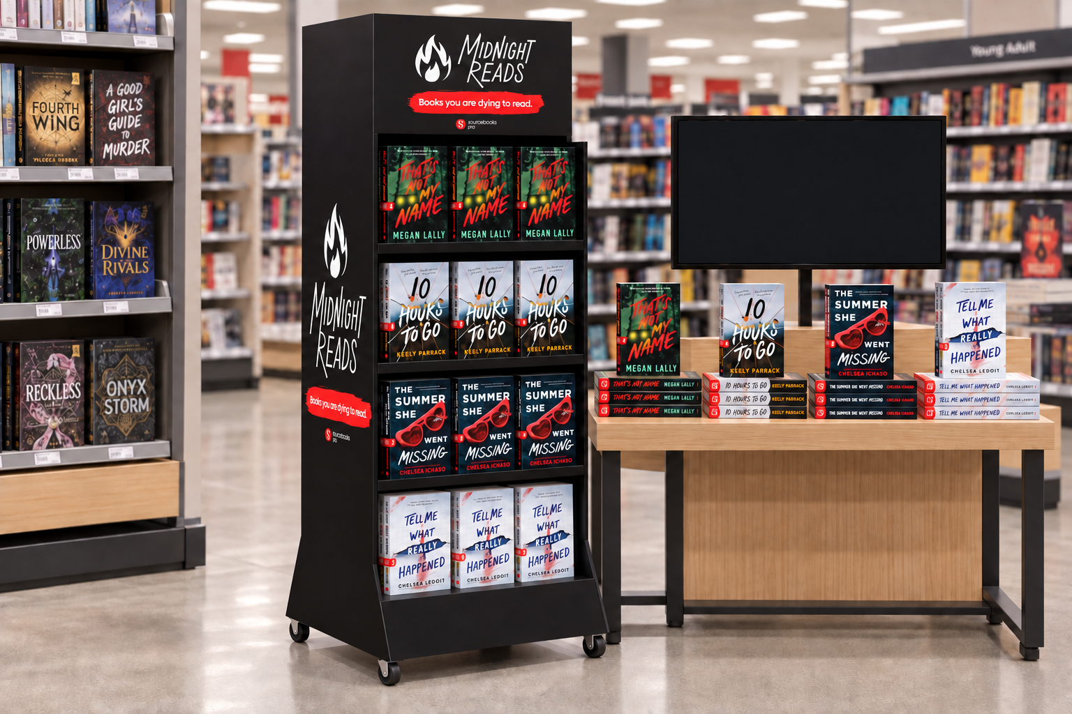Midnight Reads retail display beside a table stocked with branded books