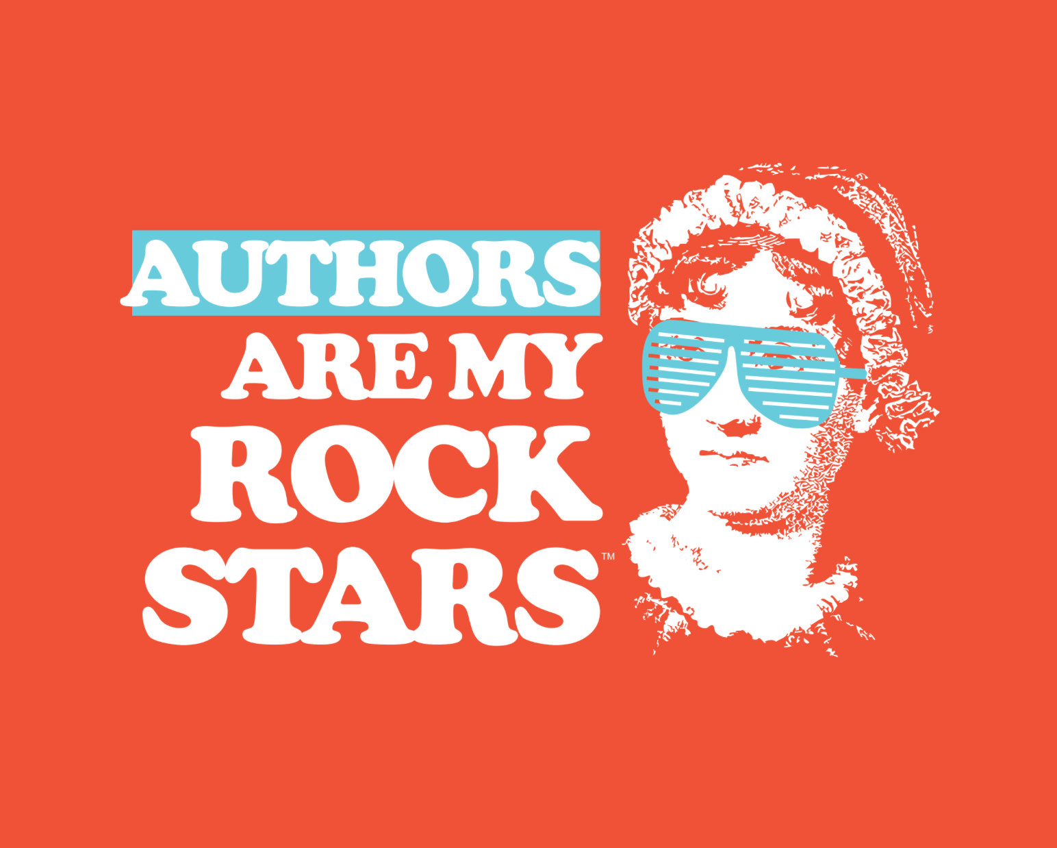 Original orange Authors Are My Rock Stars campaign artwork with author portrait