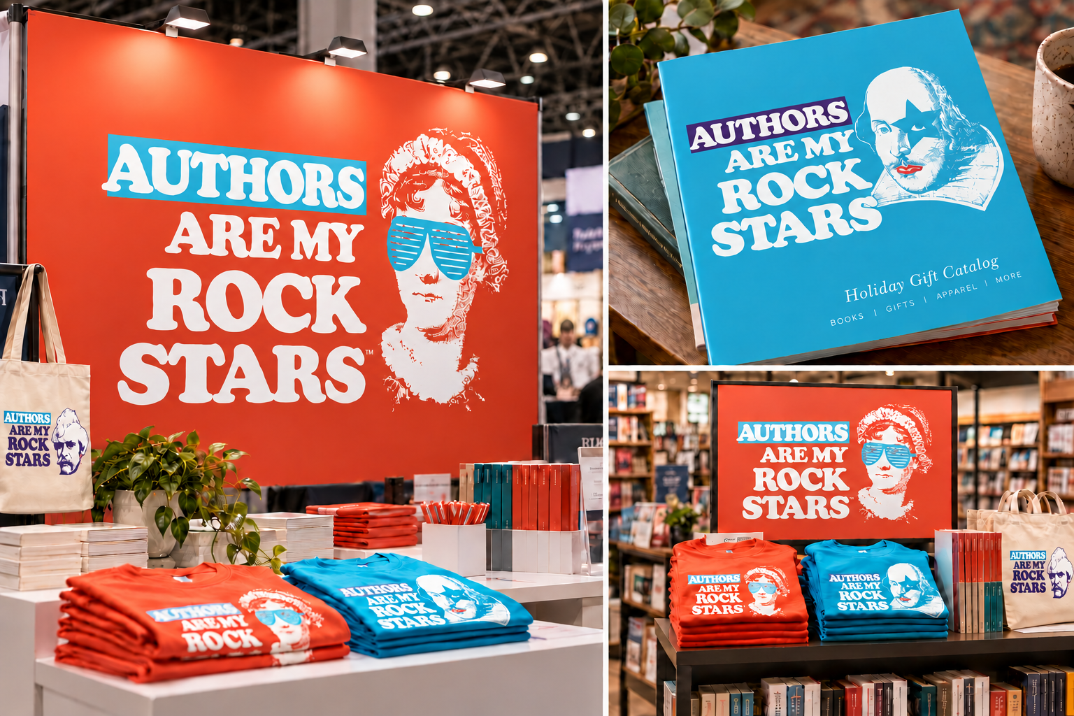 Illustrative mockup of Authors Are My Rock Stars artwork in a trade-show booth, printed catalog, and bookstore display