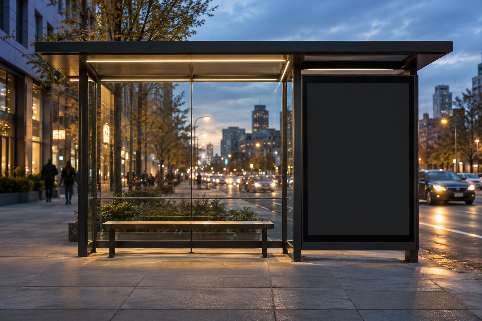 Digital advertising panel in a bus stop shelter