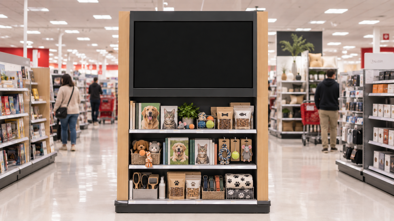 Pet books and products below a digital retail screen